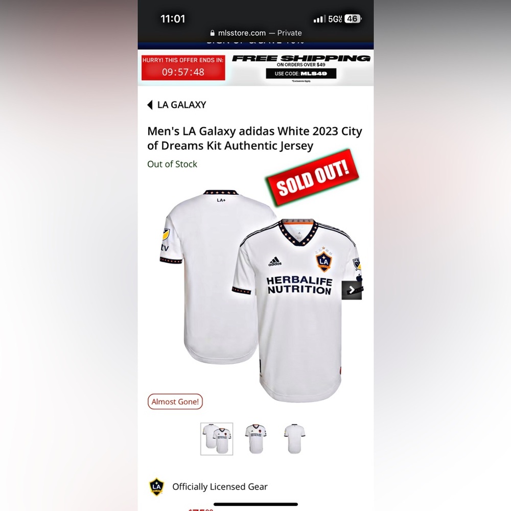 ADIDAS MEN'S LA GALAXY 2022/23 AUTHENTIC HOME JERSEY WHITE/NAVY - Picture 2 of 2